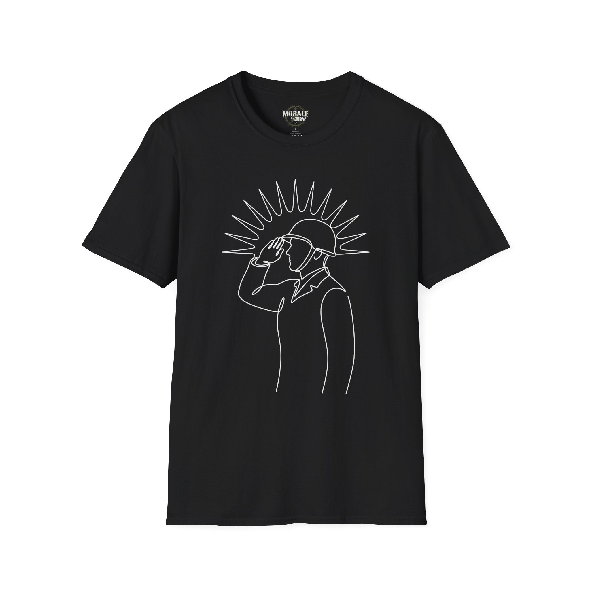 Black T-shirt with minimal single-line man looking up graphic, white print