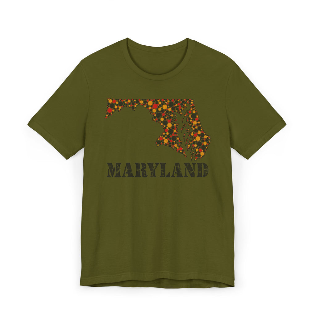 Olive green Maryland floral map graphic T-shirt with dotted map and 'MARYLAND' lettering