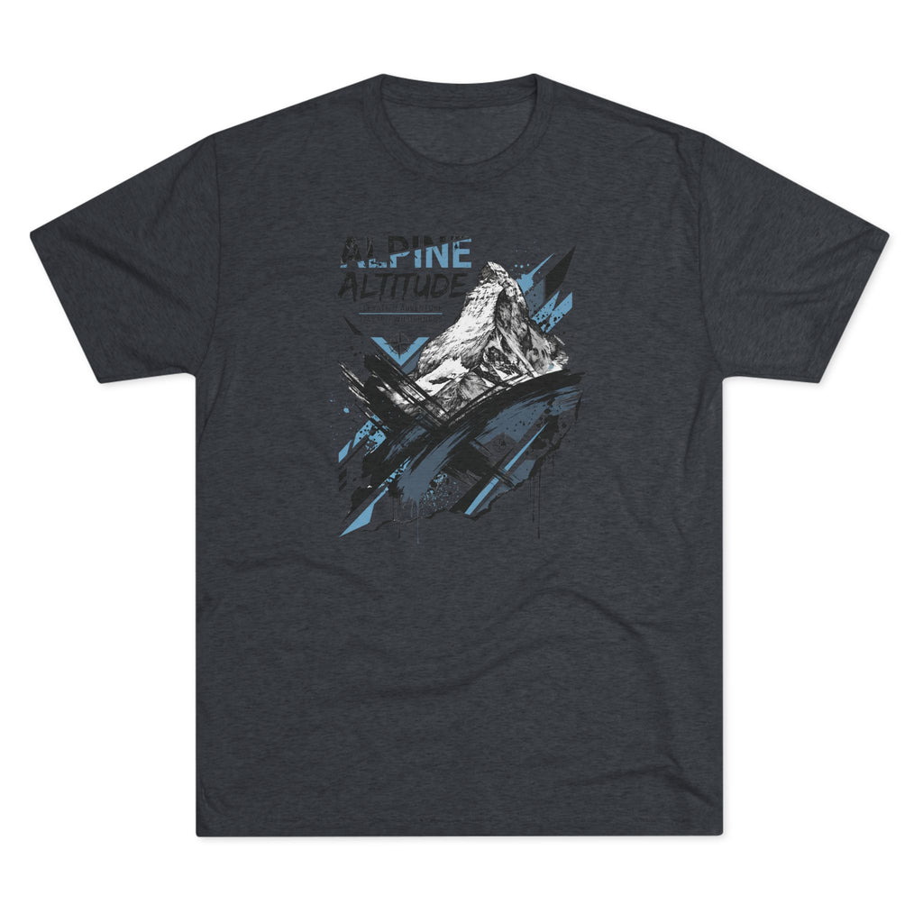 Dark charcoal T-shirt with mountain peak graphic and blue accent paint splashes
