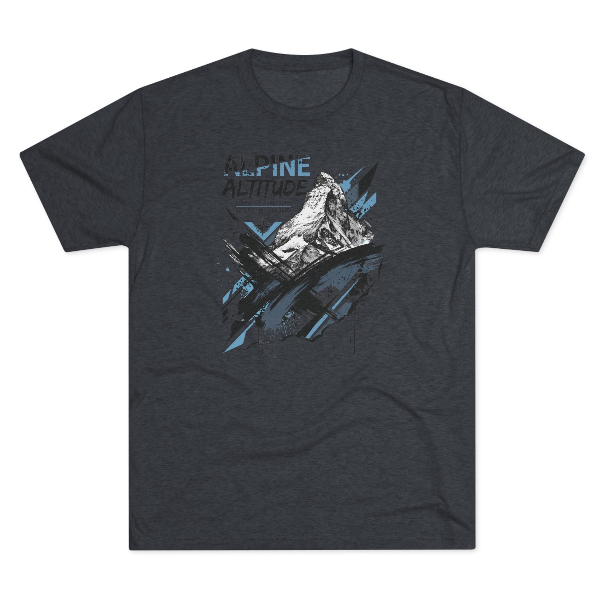 Dark charcoal T-shirt with mountain peak graphic and blue accent paint splashes
