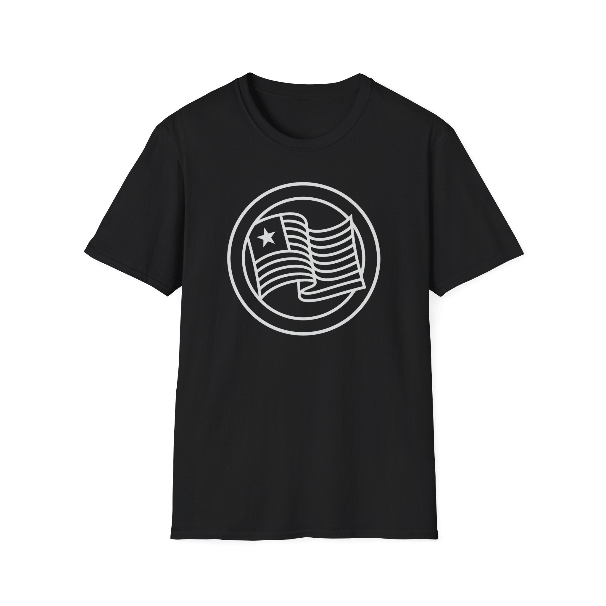 Black t-shirt with round flag graphic printed on the front