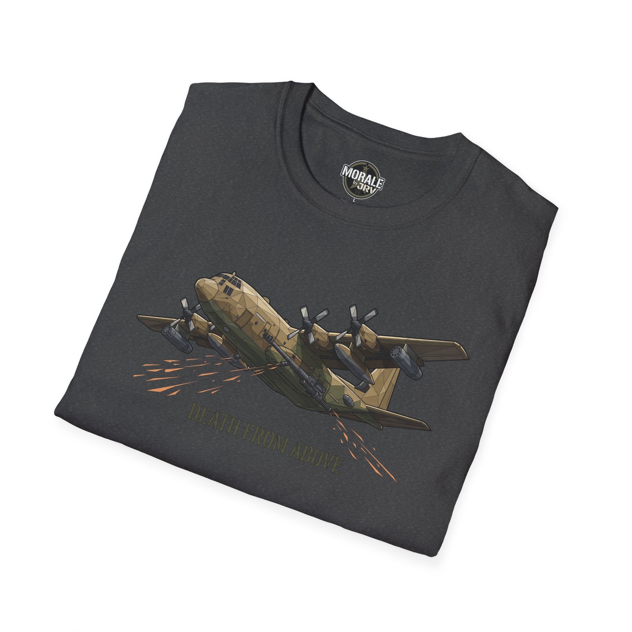 Dark heather C-130 cargo plane T-Shirt with “DEATH FROM ABOVE” text and artwork