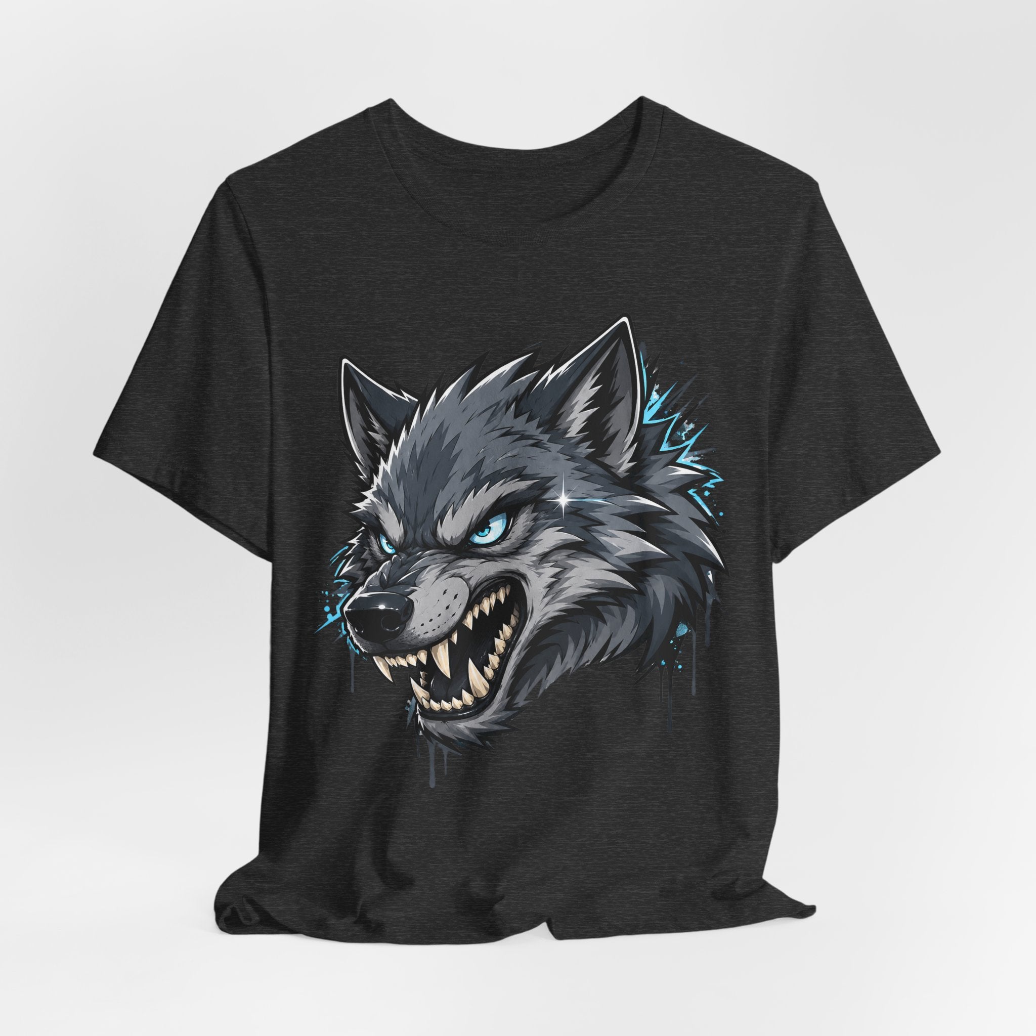 Dark charcoal crew-neck t-shirt with snarling wolf head graphic, short sleeves.