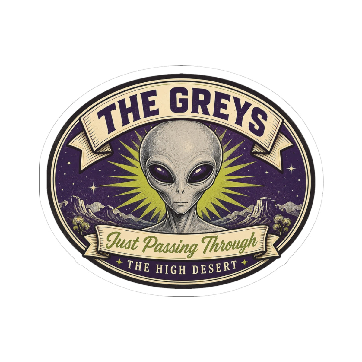 Circular kiss-cut sticker with gray alien head illustration and “Just Passing Through” text