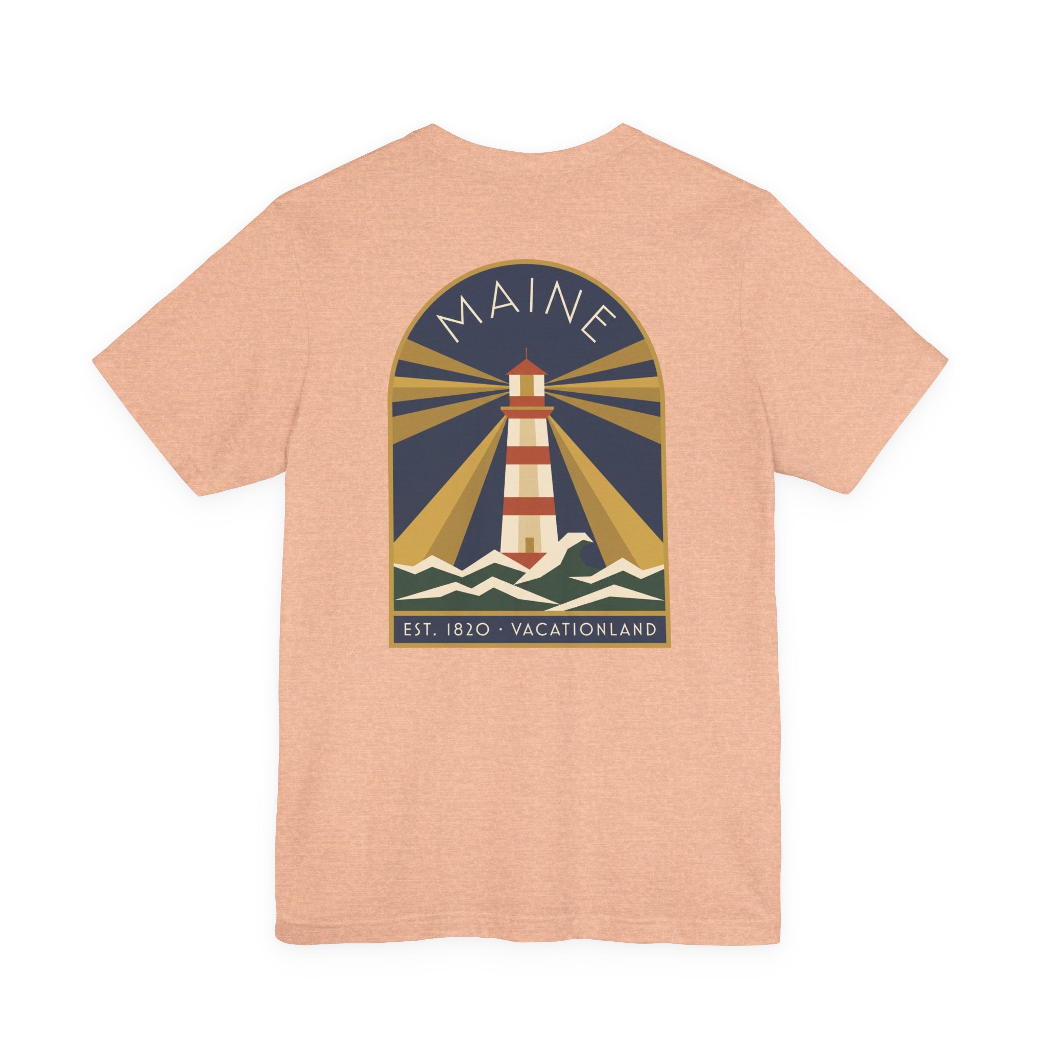Peach crewneck T-shirt with vintage lighthouse graphic in circular badge