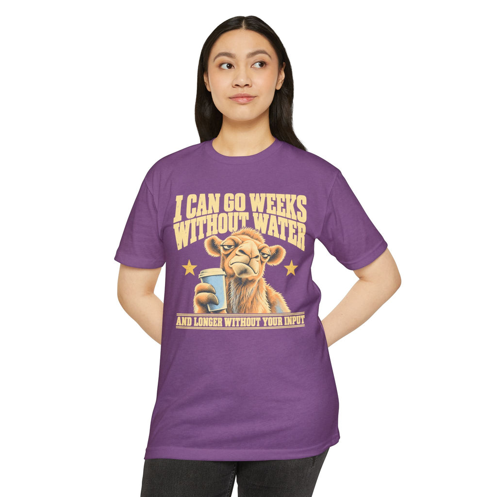 Purple crewneck graphic t-shirt with camel and stars slogan design