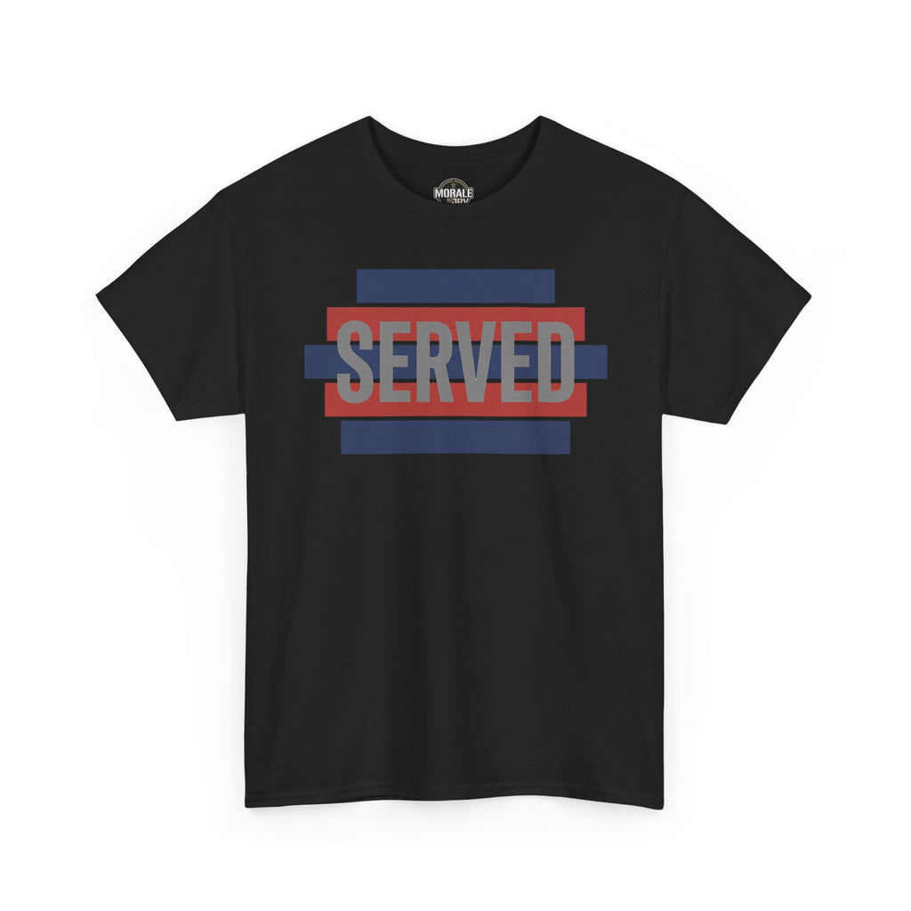 Black T-shirt with striped SERVED graphic in red and blue on front, crew neck