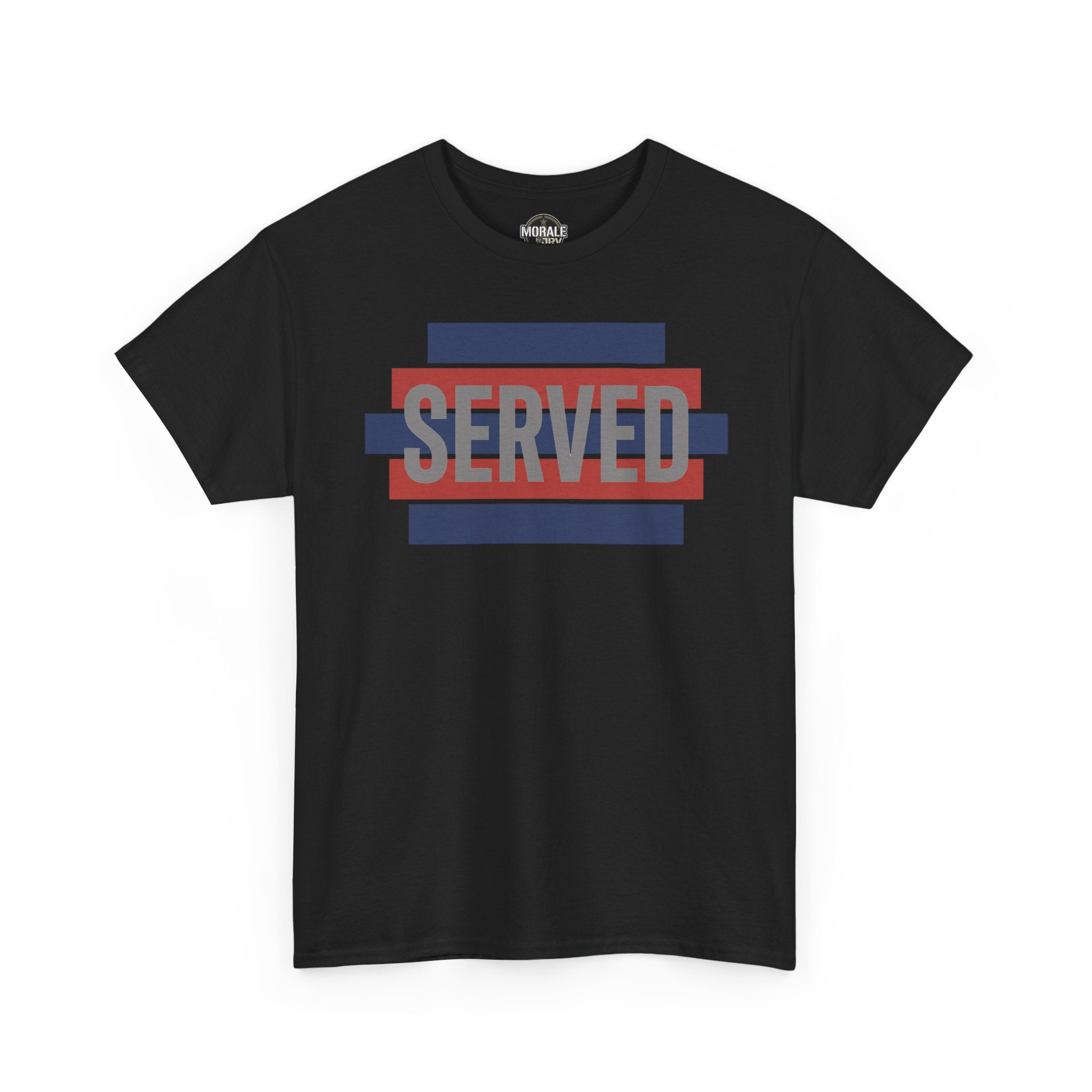 Black T-shirt with striped SERVED graphic in red and blue on front, crew neck