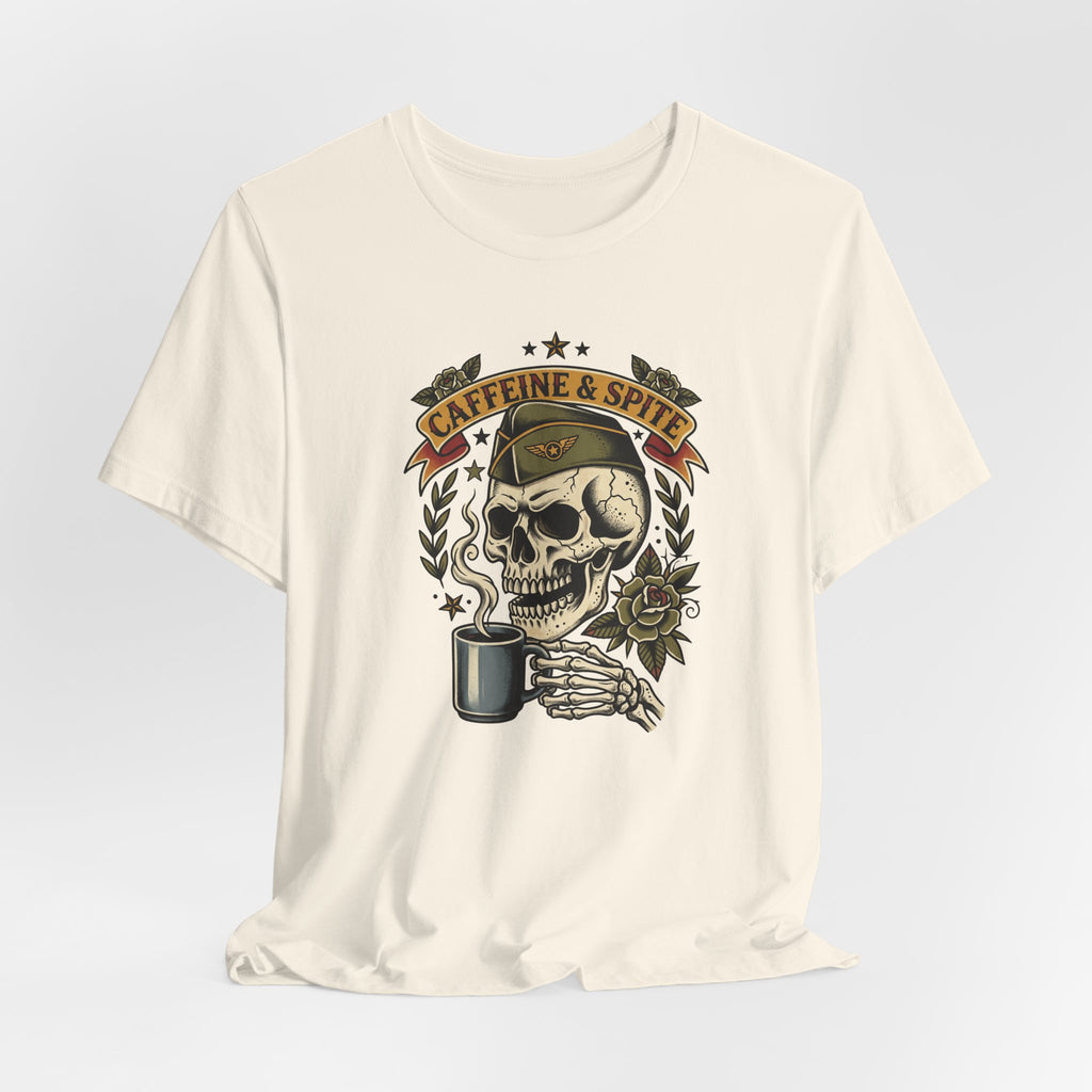 Cream T-shirt with skull, coffee cup, and “Caffeine & Spite” crest graphic