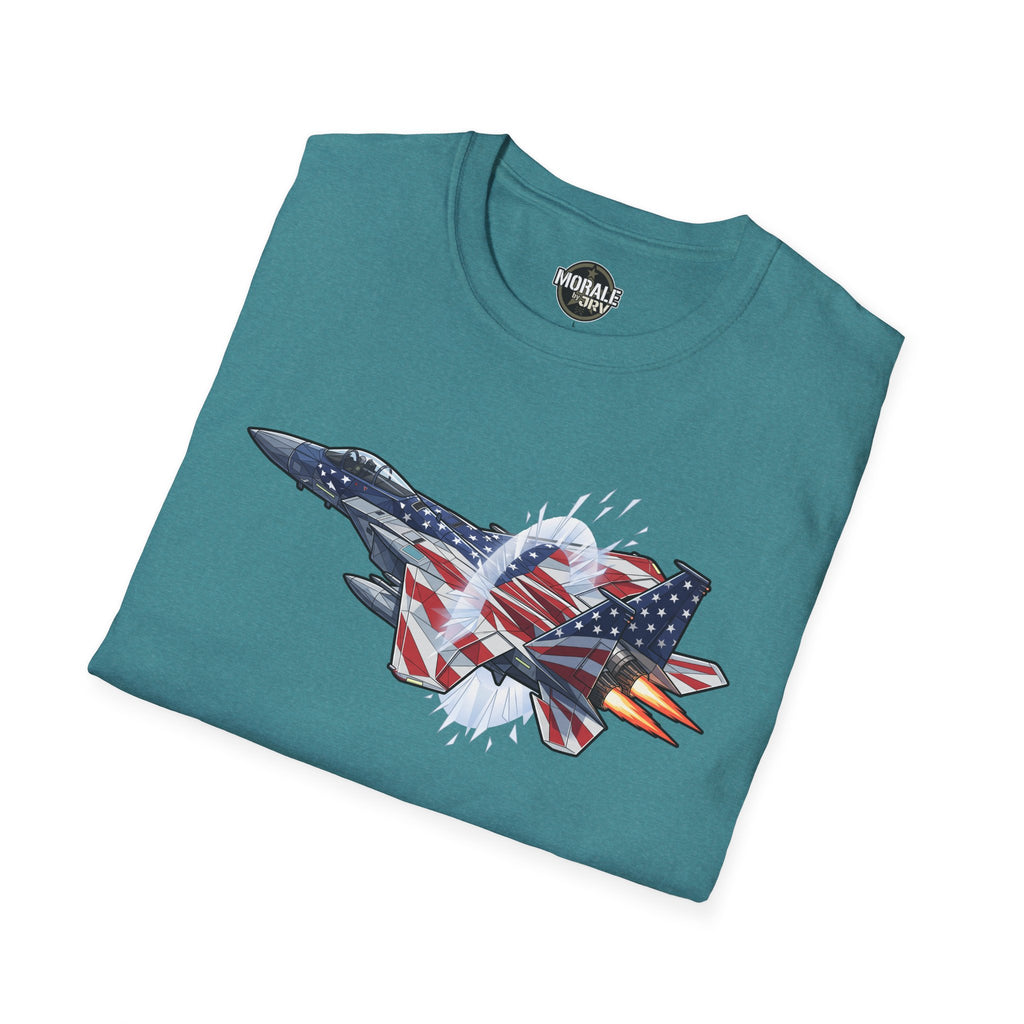 T-shirt vert-bleu avec jet de chasse stylisé et drapeau USA en explosion