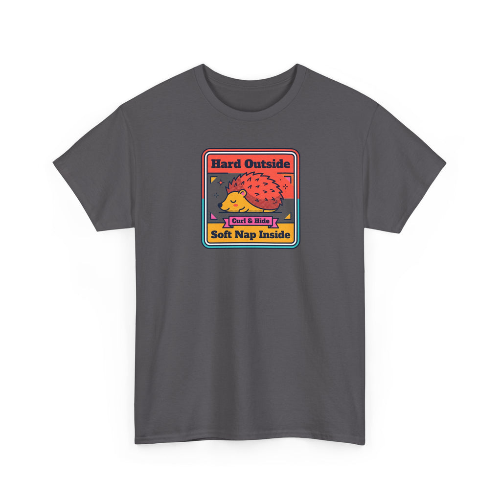 Charcoal graphic T-shirt with hedgehog introvert slogan, crew neck short sleeves
