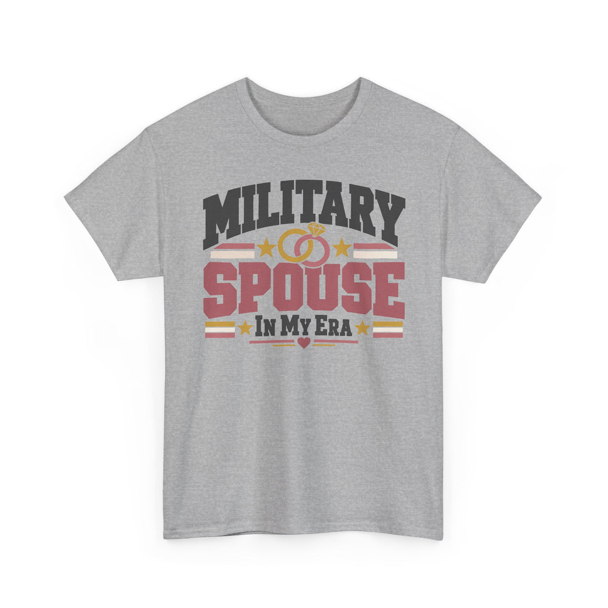 Unisex heather gray T-shirt with “MILITARY SPOUSE IN MY ERA” graphic and stars