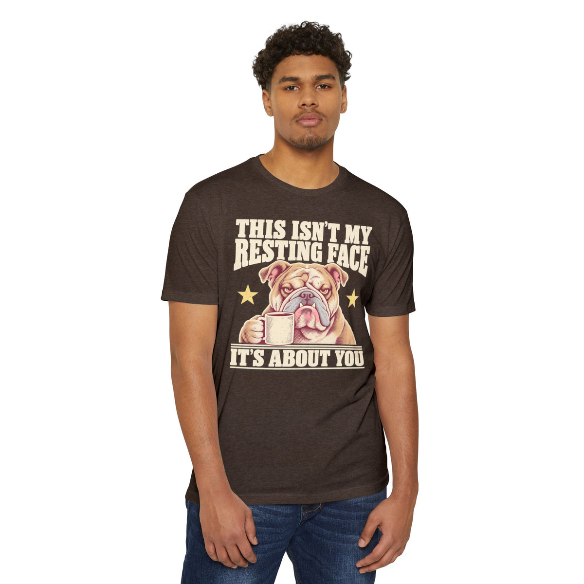 Dark brown crew-neck T-shirt with bulldog holding a coffee mug graphic on front.