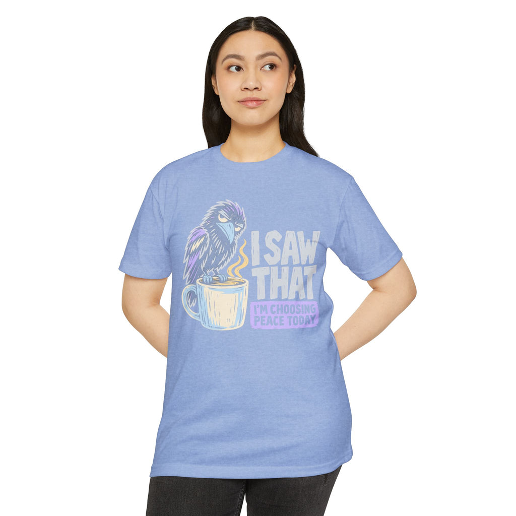Light blue crewneck T-shirt with raven coffee graphic and peace message on front
