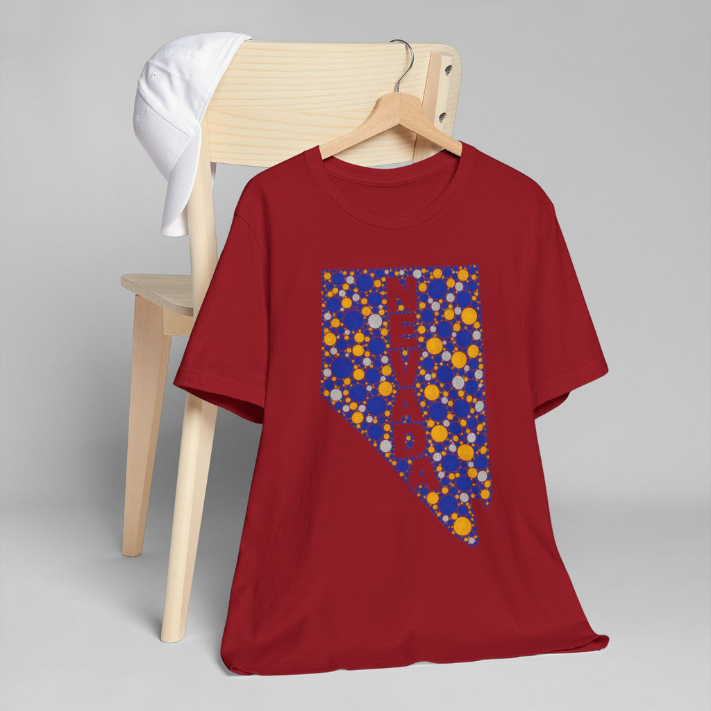 Maroon short-sleeve t-shirt with blue and gold Nevada map graphic