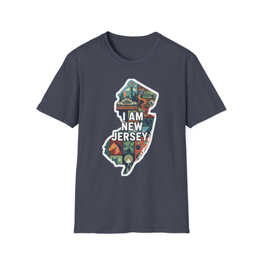 Heather navy New Jersey map graphic T-shirt with multicolor "I AM NEW JERSEY" design