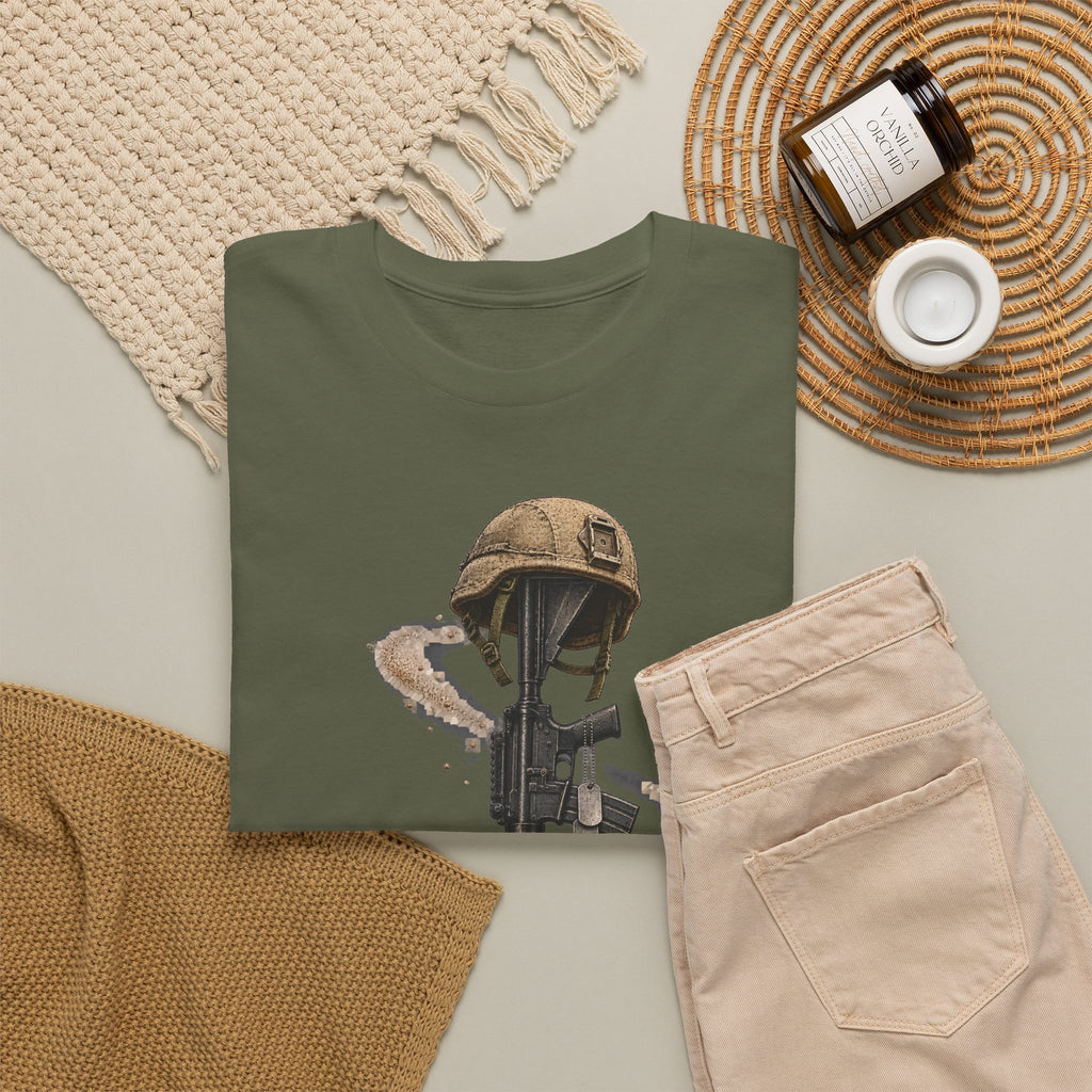 Military green crewneck T-shirt with helmet-and-rifle graphic, front view