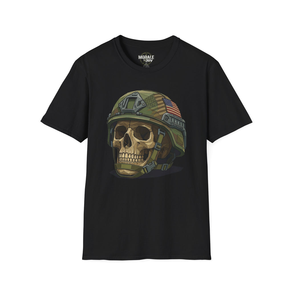 Black T-shirt with camo military helmet skull and American flag patch graphic