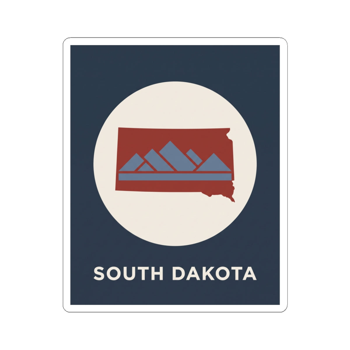 South Dakota map badge sticker showing red state shape with blue mountains over a white circle