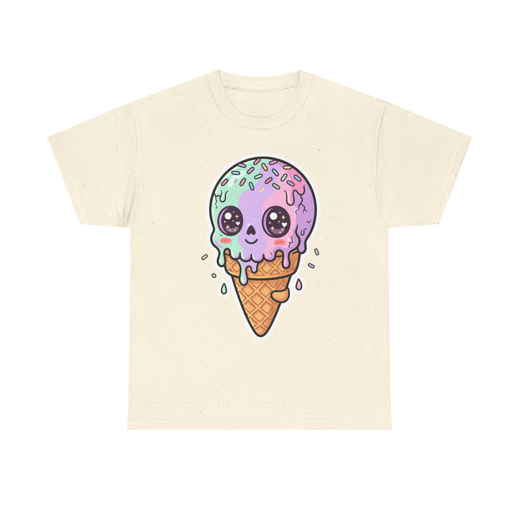 Kawaii melting ice cream cone T-shirt, cute purple melting cone graphic on natural