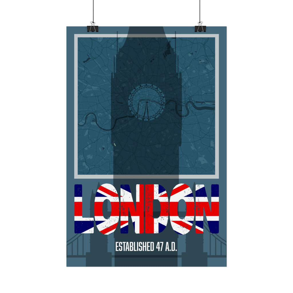 London Shadow Art Poster: LONDON Typografie in Union-Jack-Farben, „ESTABLISHED 47 A.D.“