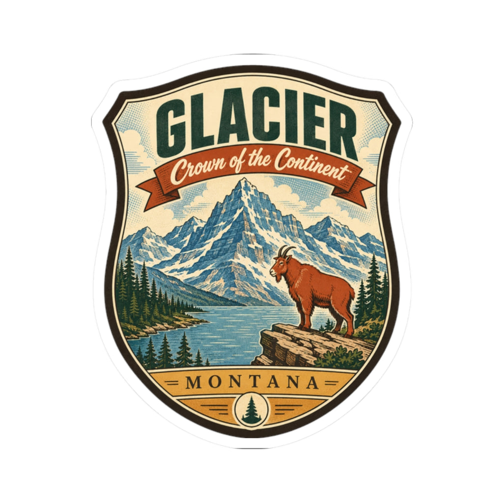 Shield travel sticker with retro “GLACIER” design, mountains, pine trees, brown dog, “MONTANA”