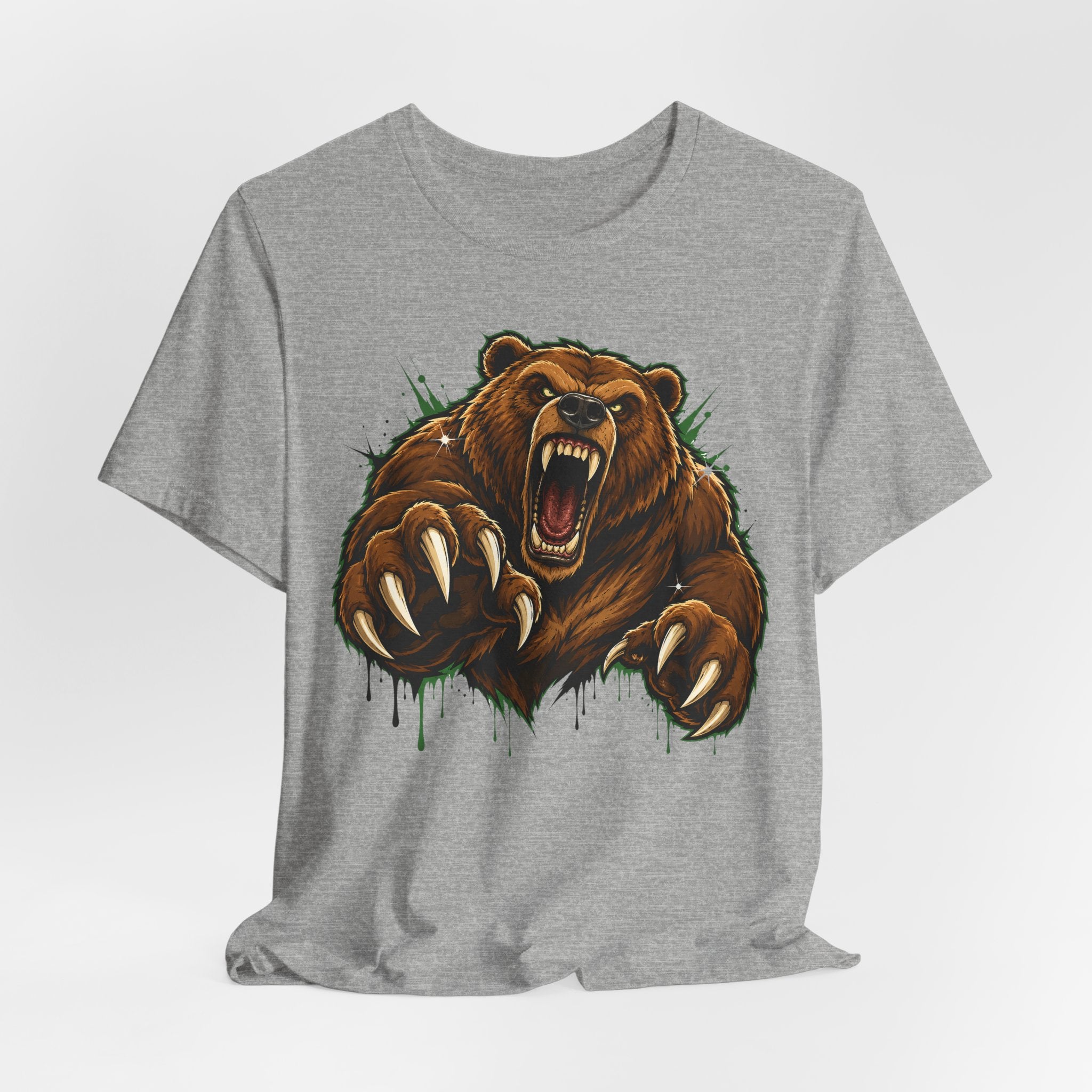 Light gray unisex tee with roaring grizzly bear graphic and ink drips