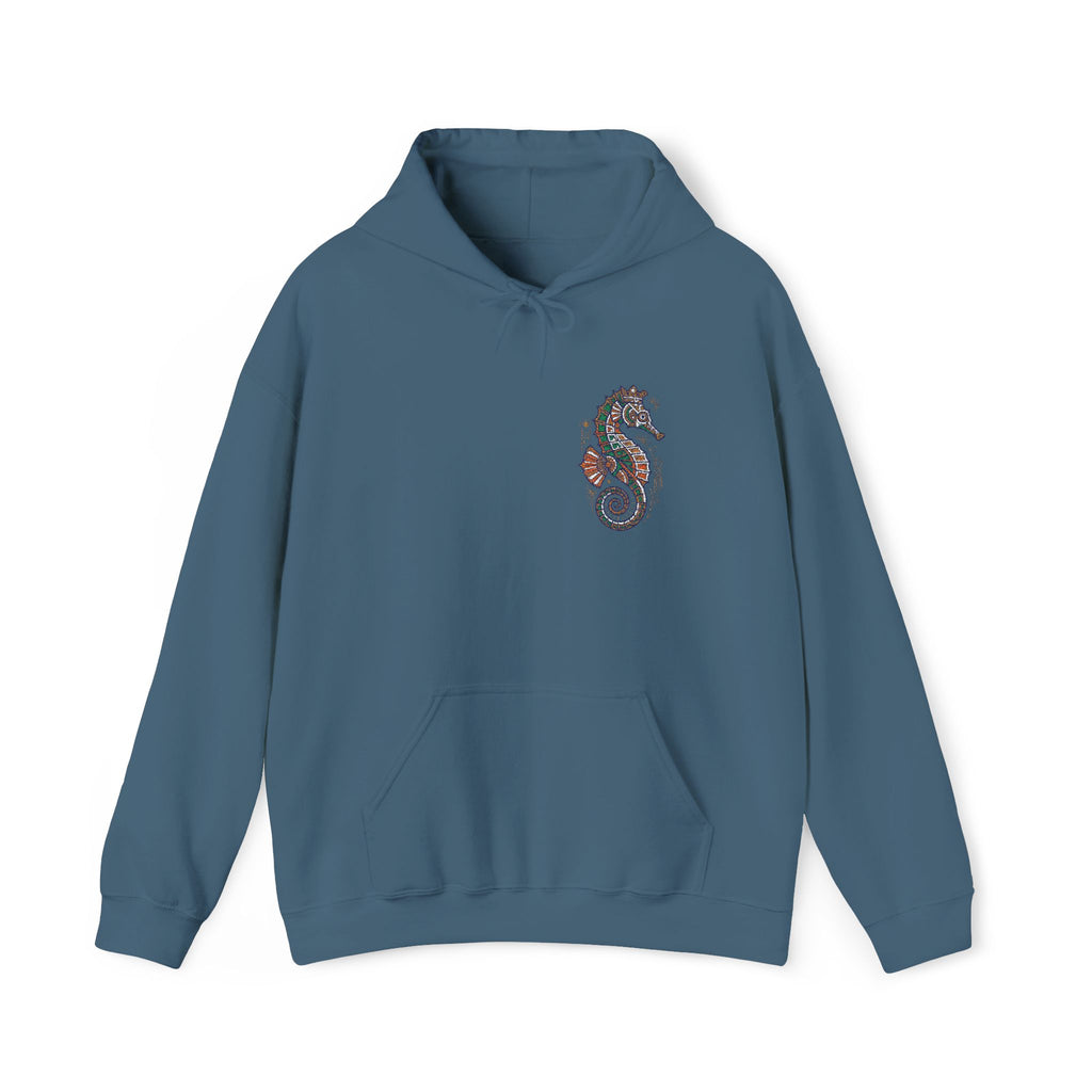 Teal seahorse floral hoodie with front pocket and drawstring hood