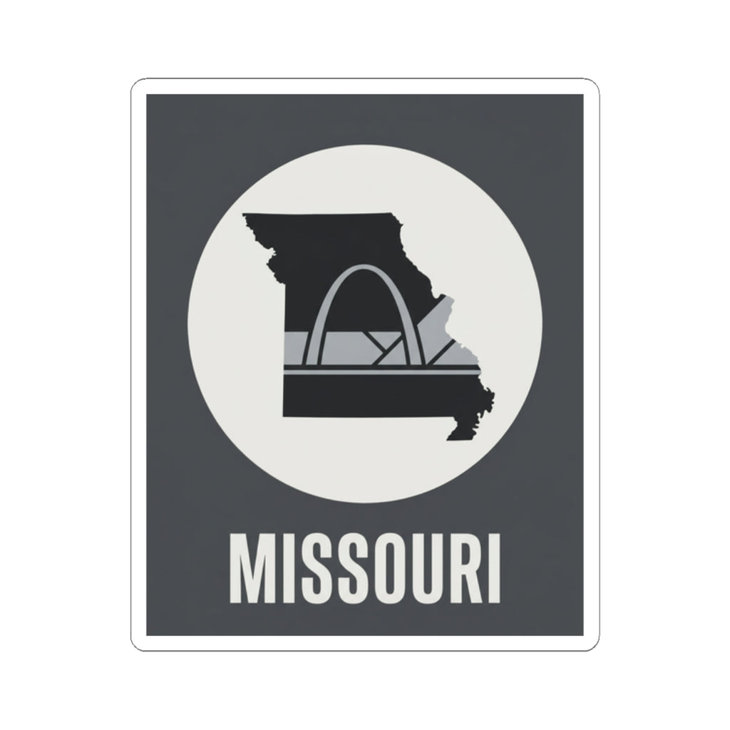 Missouri outline sticker featuring Gateway Arch icon and bold “MISSOURI” text in white circle