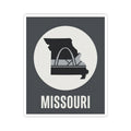 Missouri outline sticker featuring Gateway Arch icon and bold “MISSOURI” text in white circle