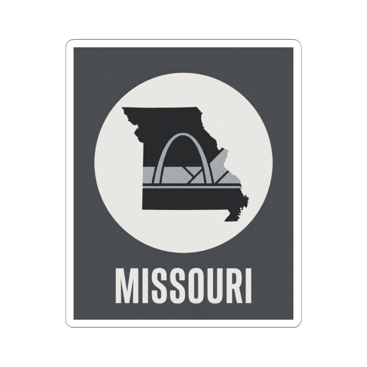 Missouri outline sticker featuring Gateway Arch icon and bold “MISSOURI” text in white circle