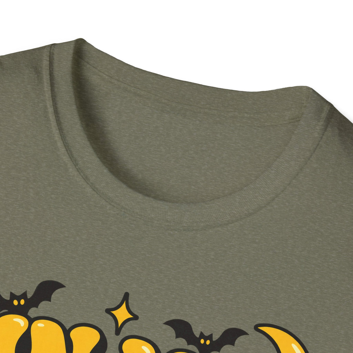 Olive green T-shirt close-up of Halloween bubble-letter print with black bat accents
