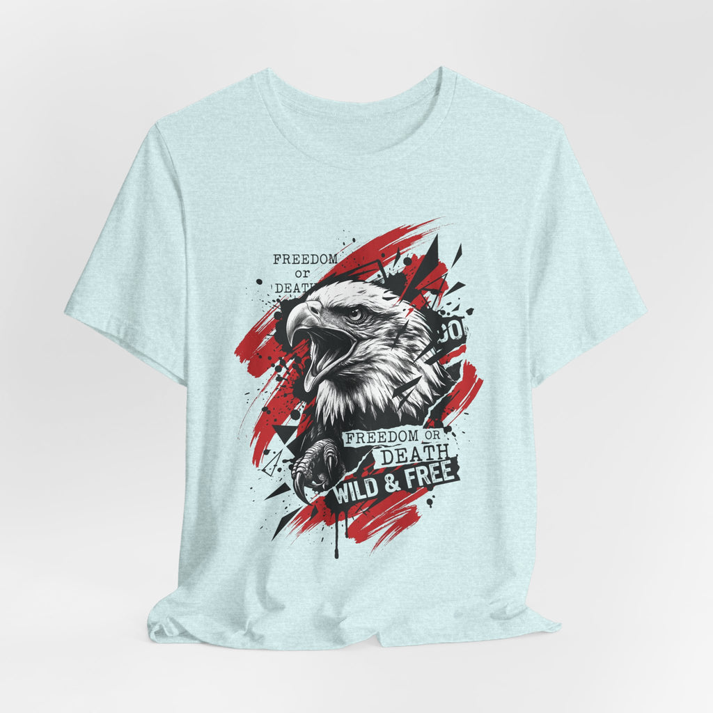 Light blue crewneck t-shirt with eagle head graphic and slogan text