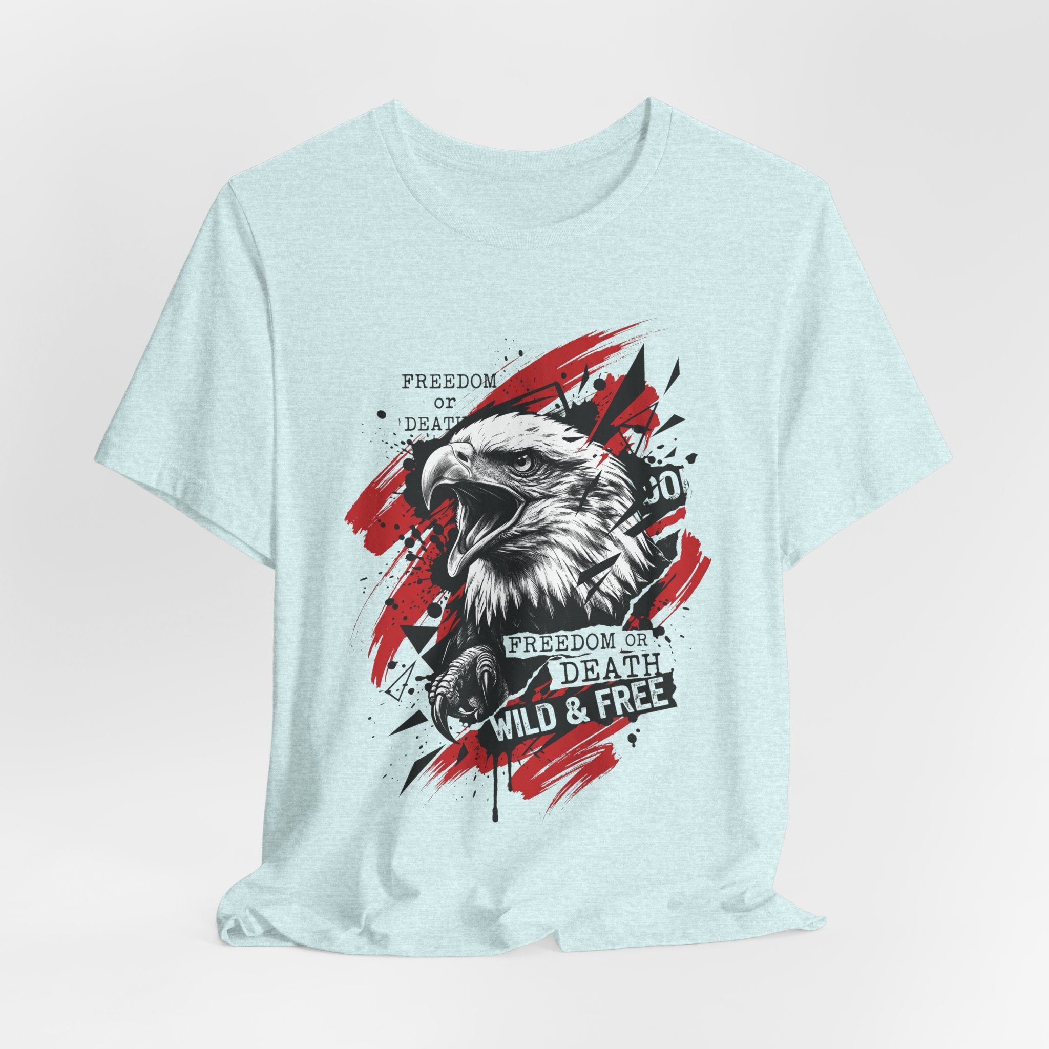 Light blue crewneck t-shirt with eagle head graphic and slogan text
