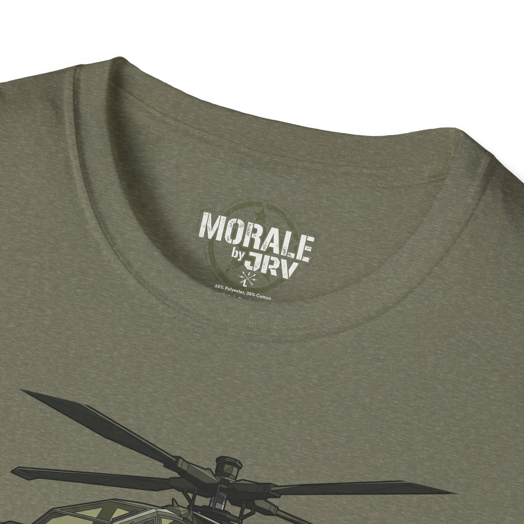 Close-up of olive AH-64 Apache T-Shirt collar and partial front helicopter graphic