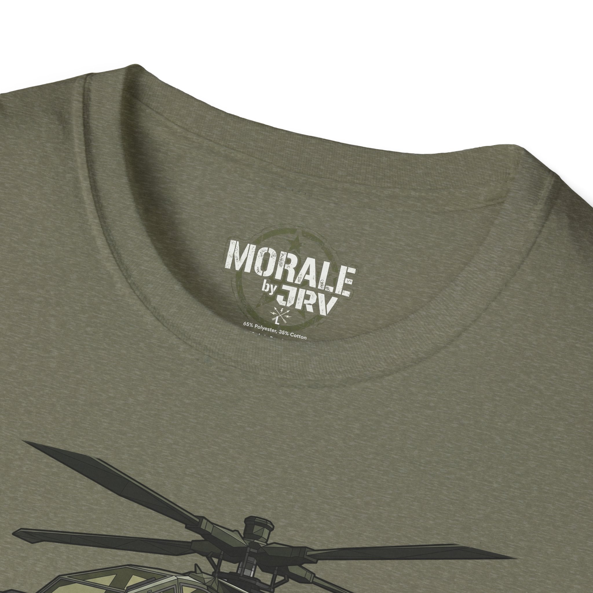 Close-up of olive AH-64 Apache T-Shirt collar and partial front helicopter graphic