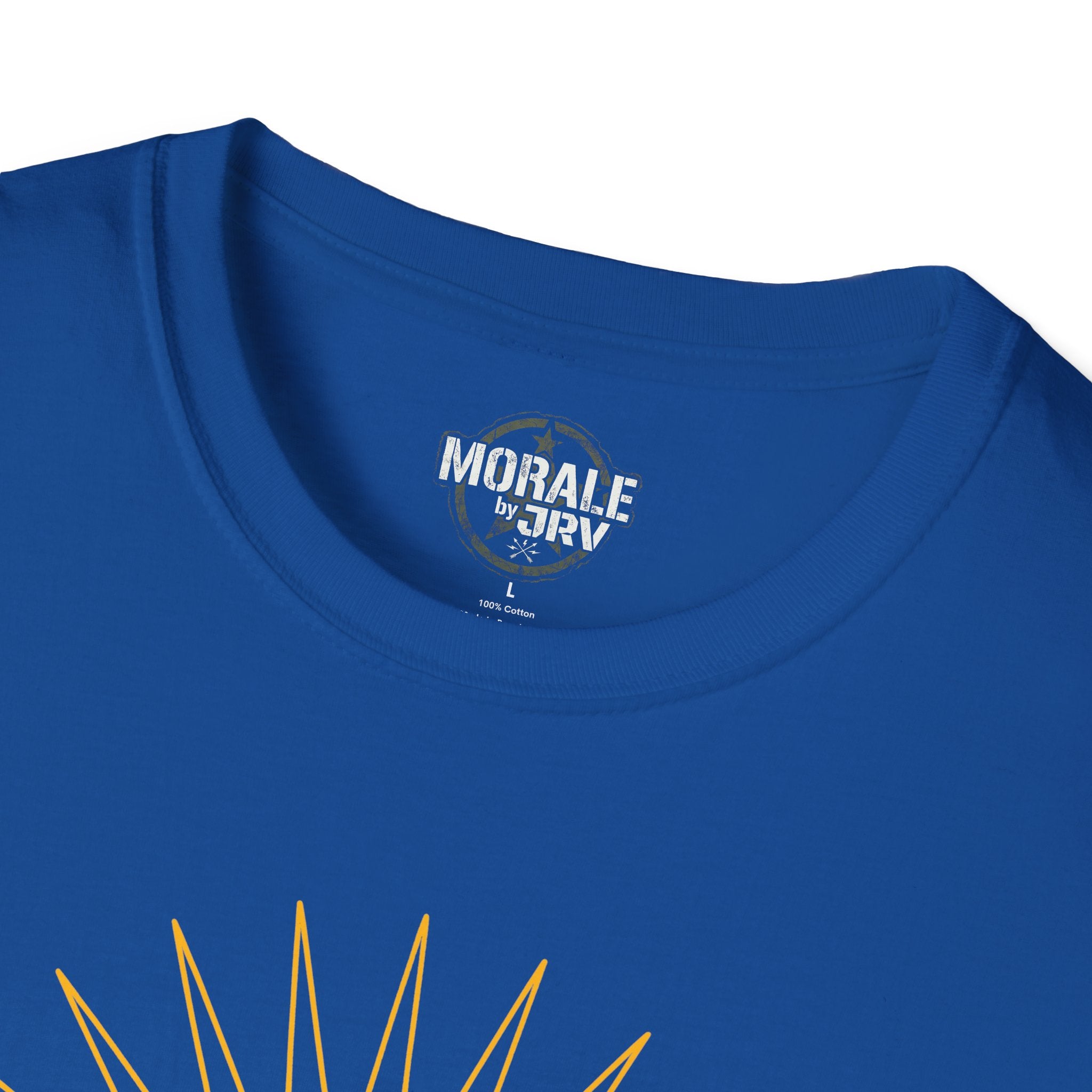 Royal blue crewneck T-shirt neckline close-up with circular logo and yellow rays