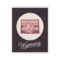 Wyoming kiss-cut sticker showing pink mountain illustration and cursive “Wyoming” word