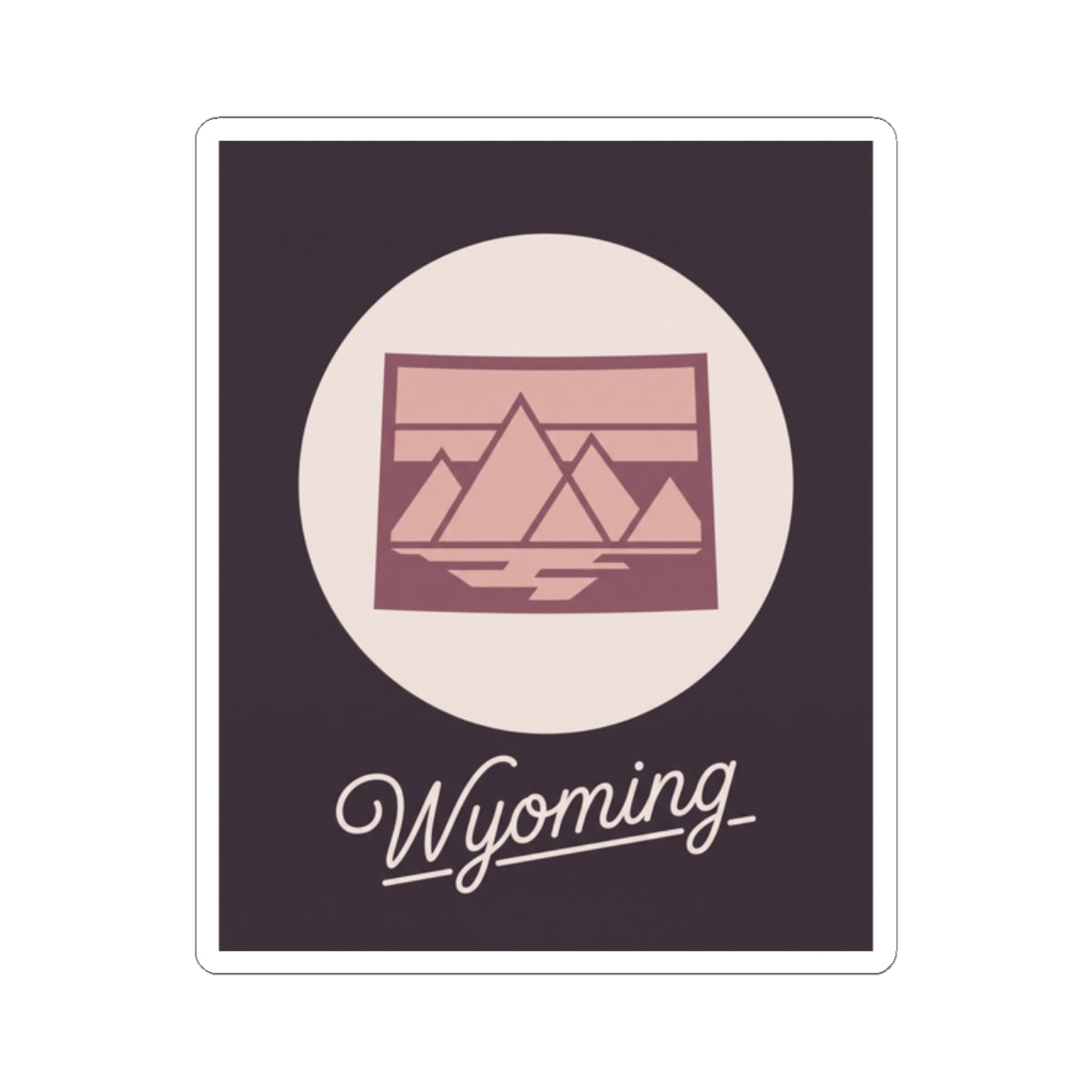 Wyoming kiss-cut sticker showing pink mountain illustration and cursive “Wyoming” word