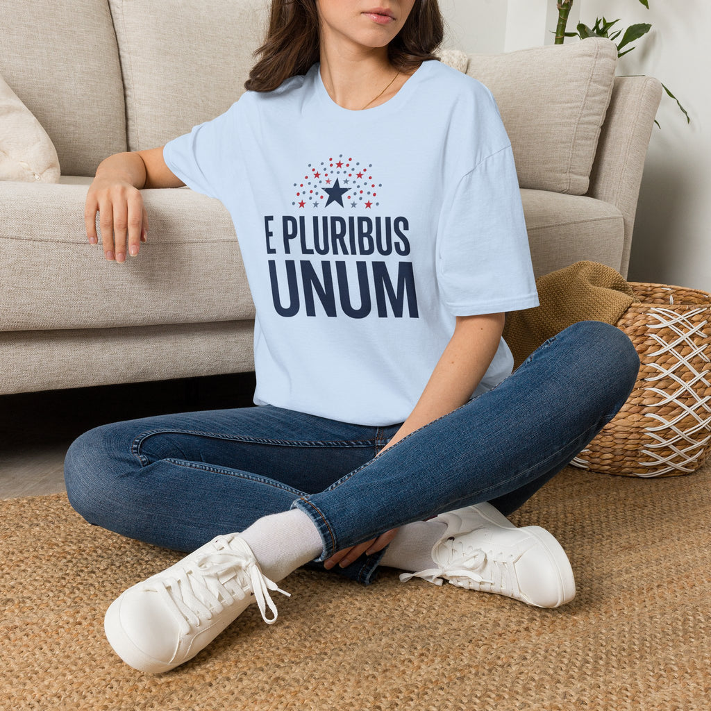 Light blue crew-neck T-shirt with 'E PLURIBUS UNUM' graphic and red stars