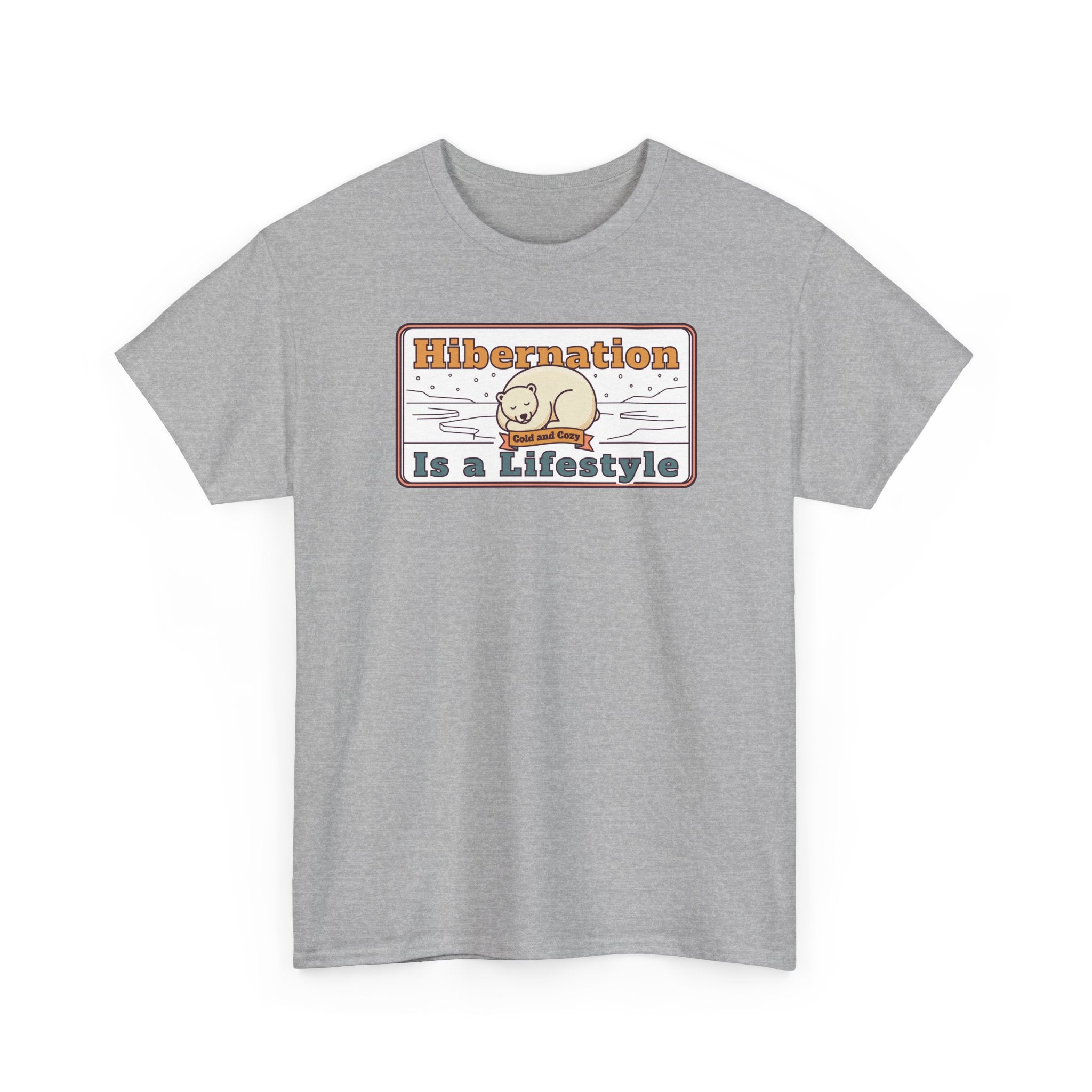 Light gray T-shirt with crew neck; front sloth lifestyle graphic in rectangular frame