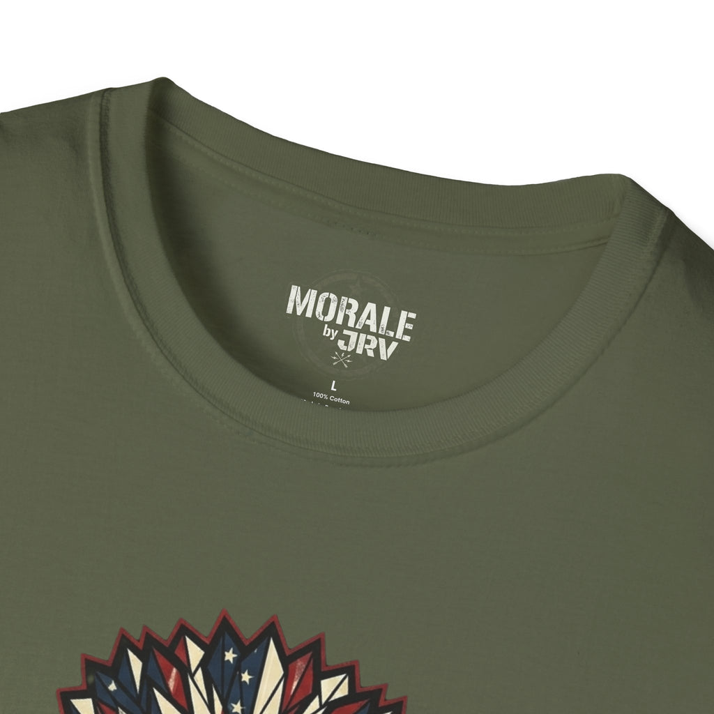 Military green T-shirt neckline with inner label and top of eagle graphic