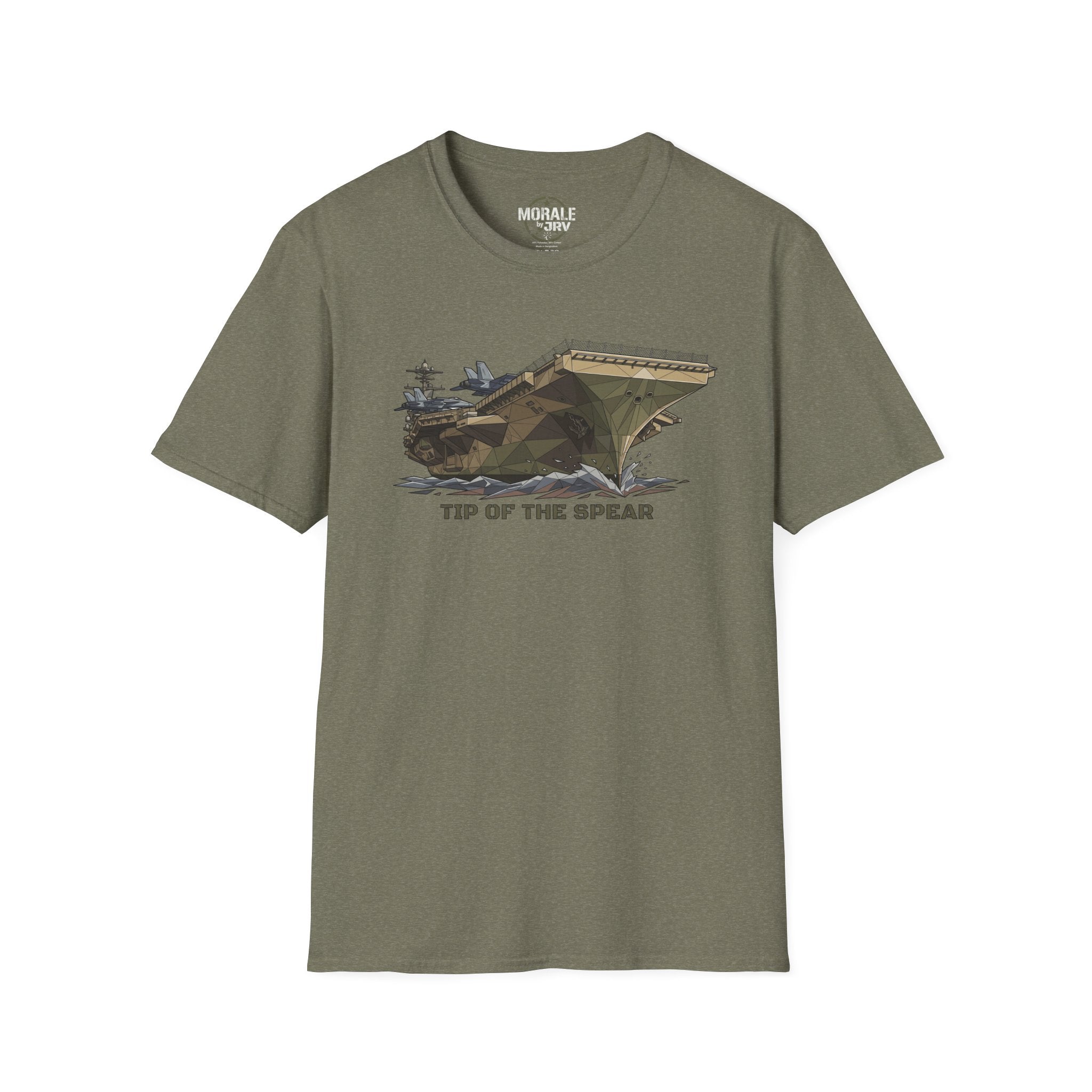 Olive green T-shirt with geometric tank artwork and “TIP OF THE SPEAR” text