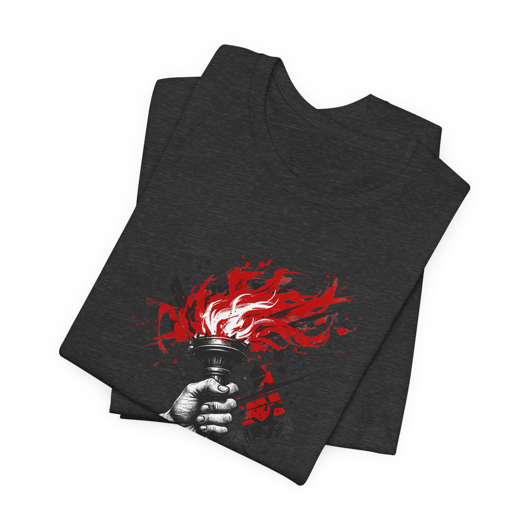 Dark gray graphic t-shirt with red flame torch statue hand print