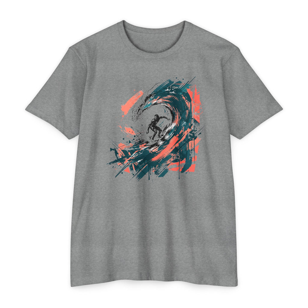 Heather gray unisex T-shirt with front abstract wave paintbrush graphic in teal, green, orange, and black