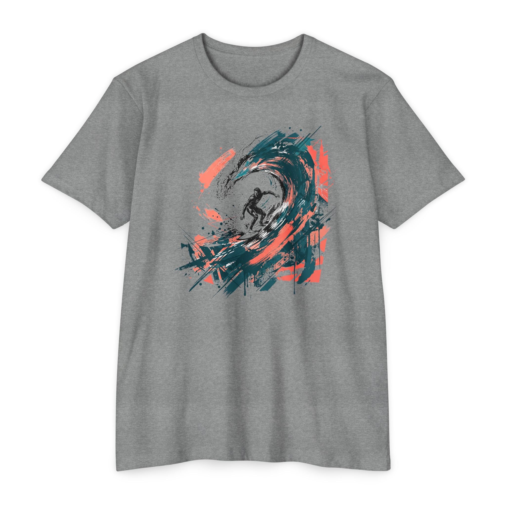 Heather gray unisex T-shirt with front abstract wave paintbrush graphic in teal, green, orange, and black