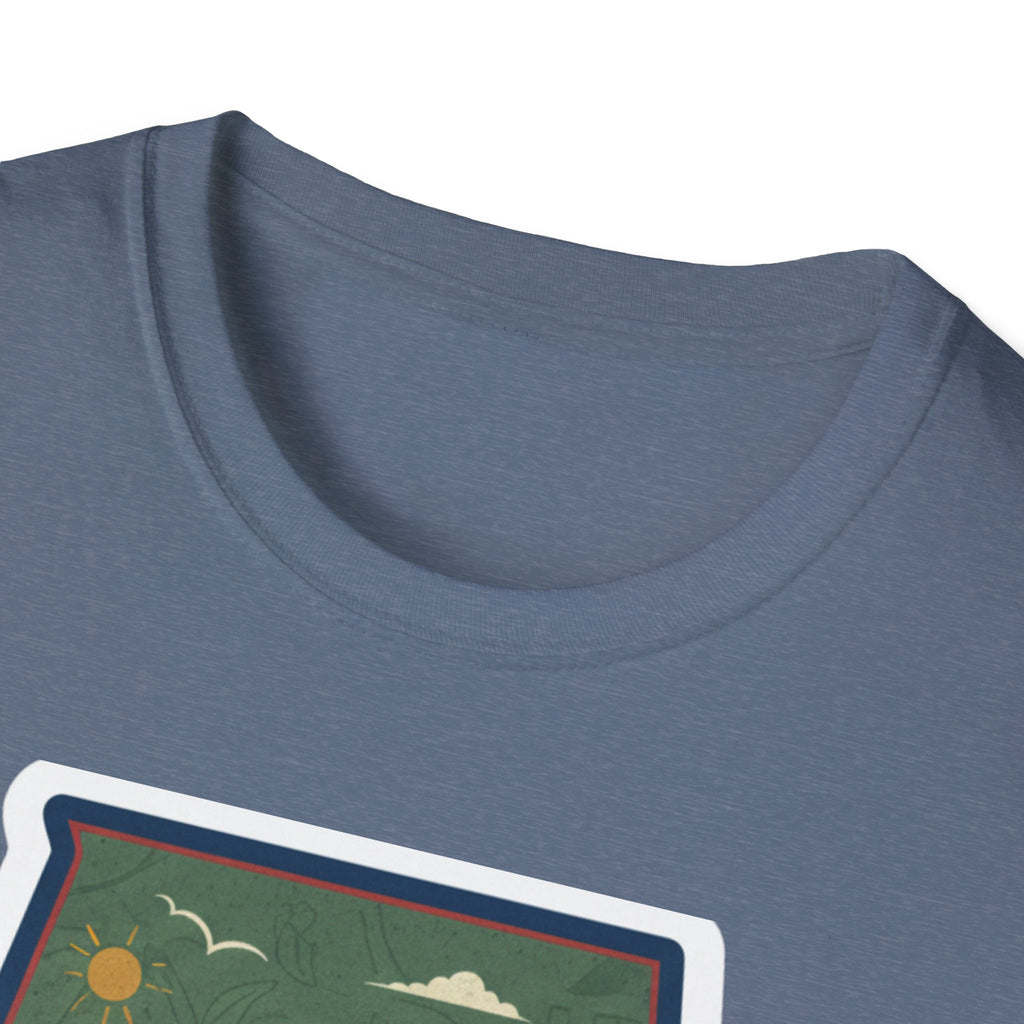 Heather blue T-shirt close-up of crew neck and top of the landscape print
