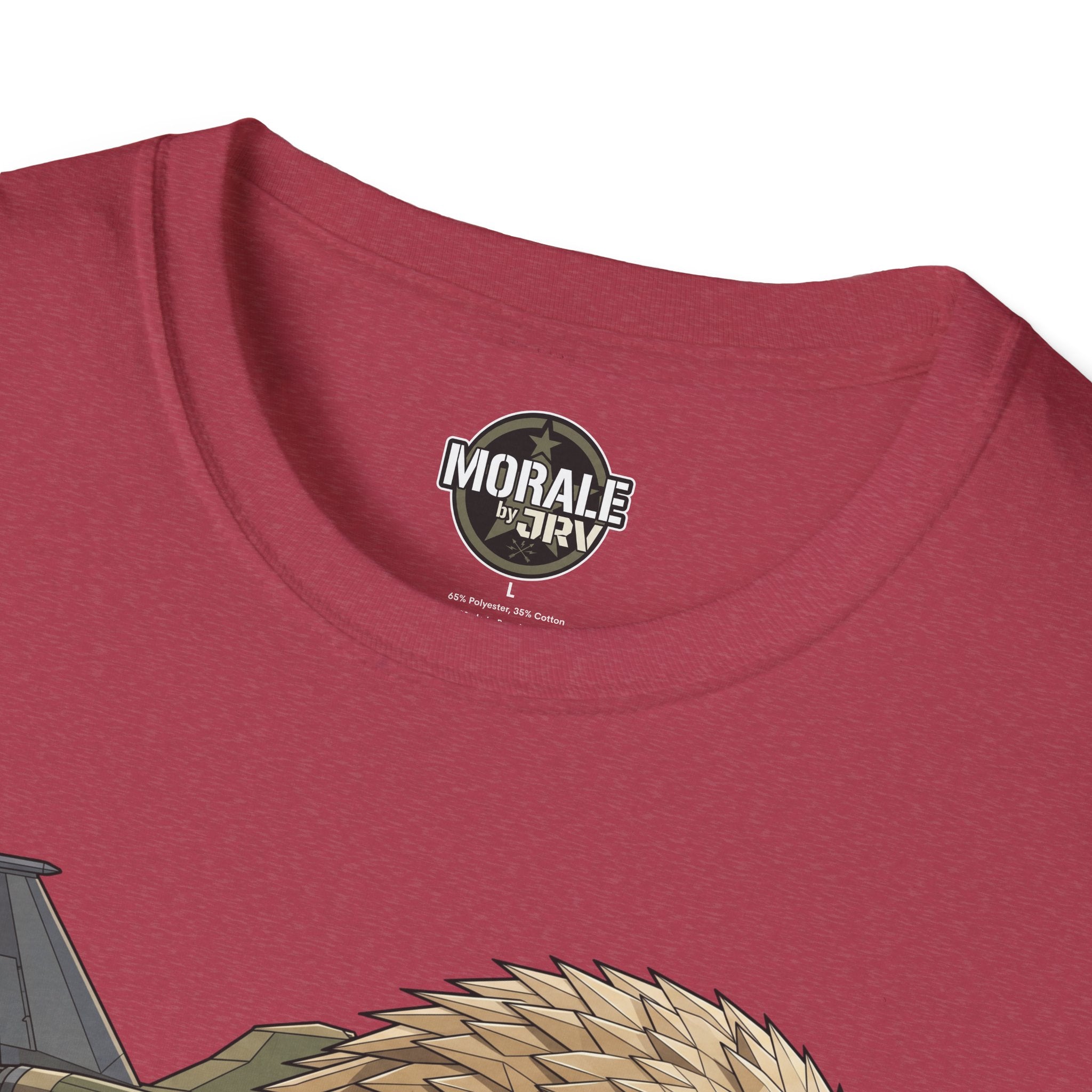 Burgundy T-shirt collar with small circular MORALE by ARI logo