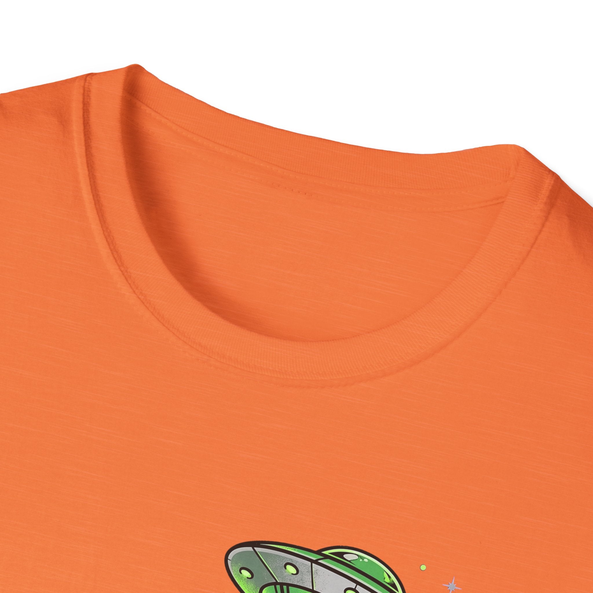 Alien & Skull T-Shirt, orange crew neck, partial green UFO beam graphic at bottom