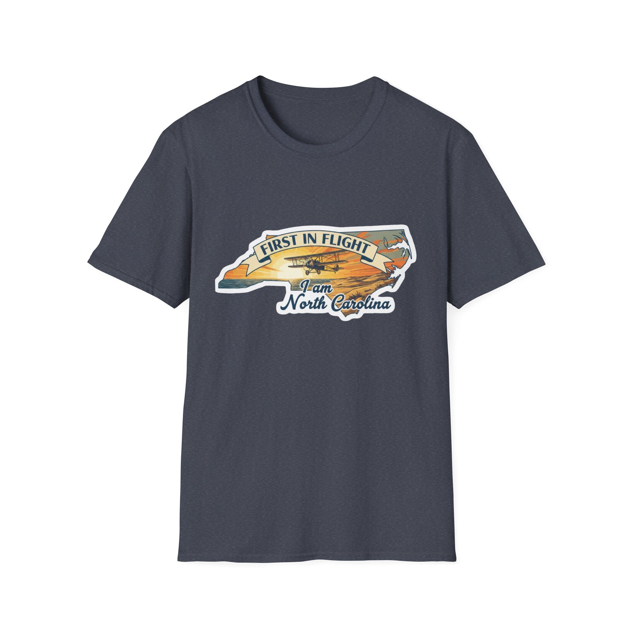 North Carolina T-shirt in dark navy heather, “First in Flight” plane and North Carolina outline